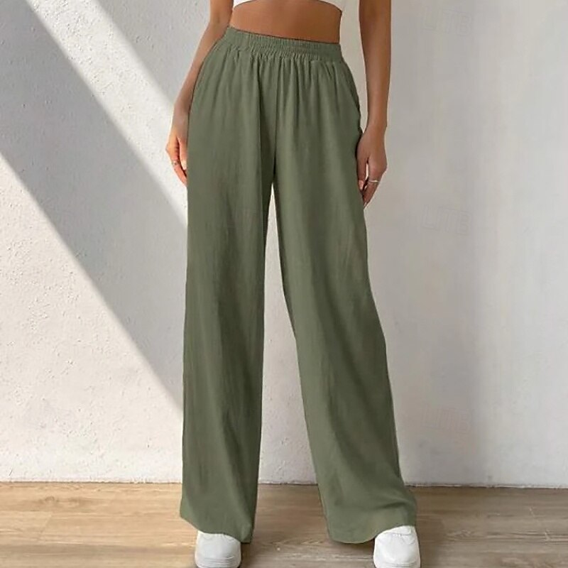 Women's Cotton Linen Pants Slacks Streetwear Casual Full Length Natural Plain Pocket Elastic Waist Comfy Comfortable Casual Daily Weekend Apricot Light Sky Blue Black Army Green Summer Regular Fit 2025 - €32.99 –P12