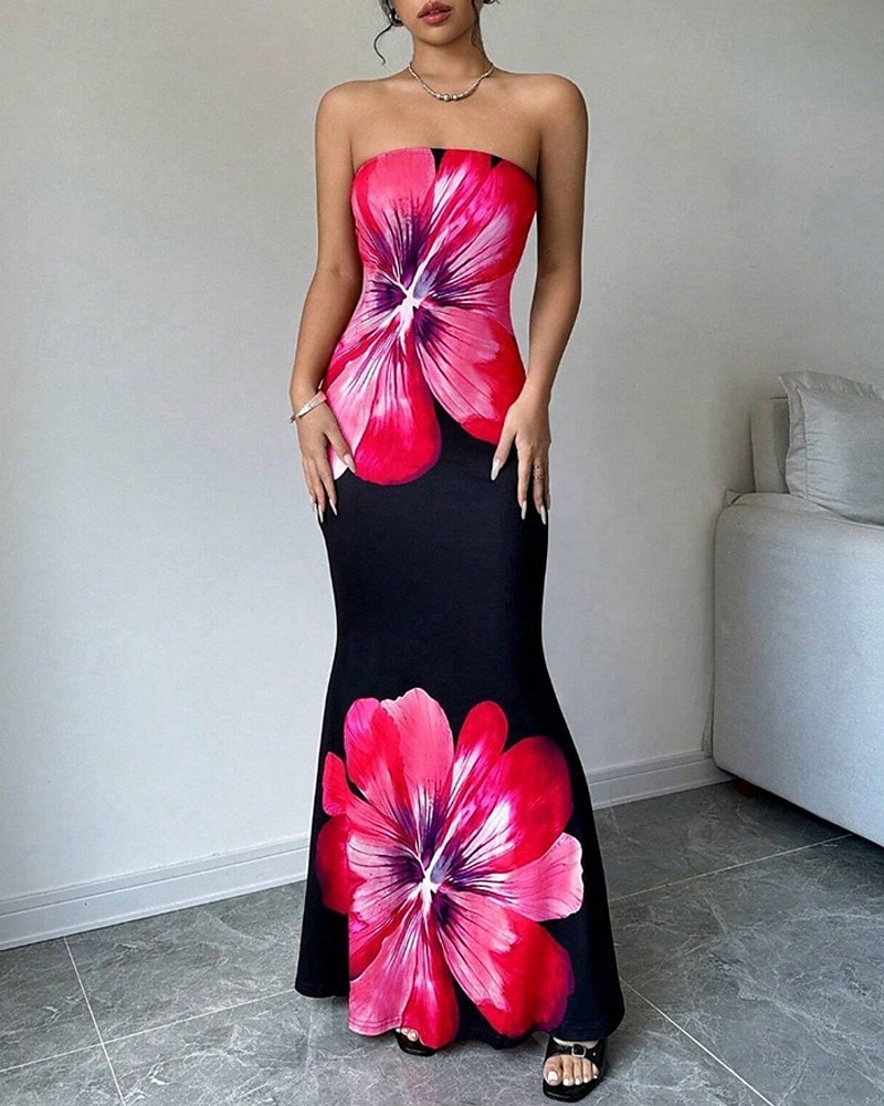 Women's Long Dress Maxi Dress Prom Dress Bodycon Summer Dress Elegant Fashion Party Holiday Date Regular Fit Flower Sleeveless Strapless Red Blue Summer Spring 2025 - $29.99 –P9