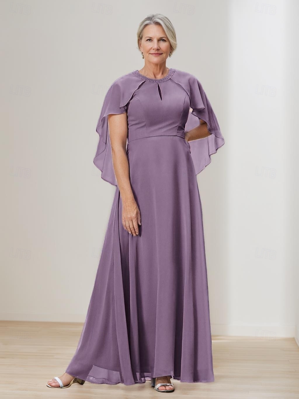 Cape Dress A-Line Mother of the Bride Dress Elegant Simple Wedding Guest Dress Minimalist Crew Neck Floor Length Chiffon Beaded Lace Short Sleeve with Lace Beading 2025 - $148.99 –P1