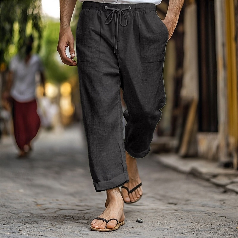 Men's Linen Pants Trousers Summer Pants Beach Pants Pocket Drawstring Elastic Waist Plain Comfort Breathable Vacation Daily Holiday Hawaiian Boho Dark Brown Lake blue 2025 - $18.99 –P2