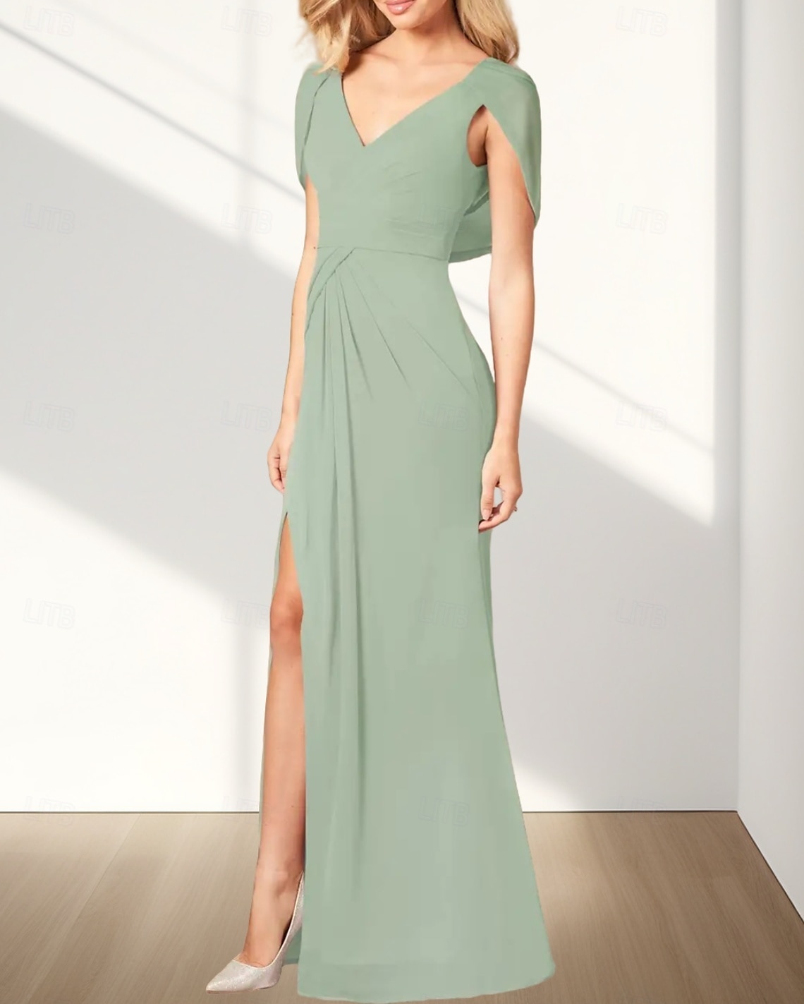 Robes d'invitée de mariage A-Line Élégante Robe Invitée de mariage Fiançailles Longueur de sol Sans manches Col en V Chiffon Dos drapé avec plis Fente de 2025 ? $164.99 –P4