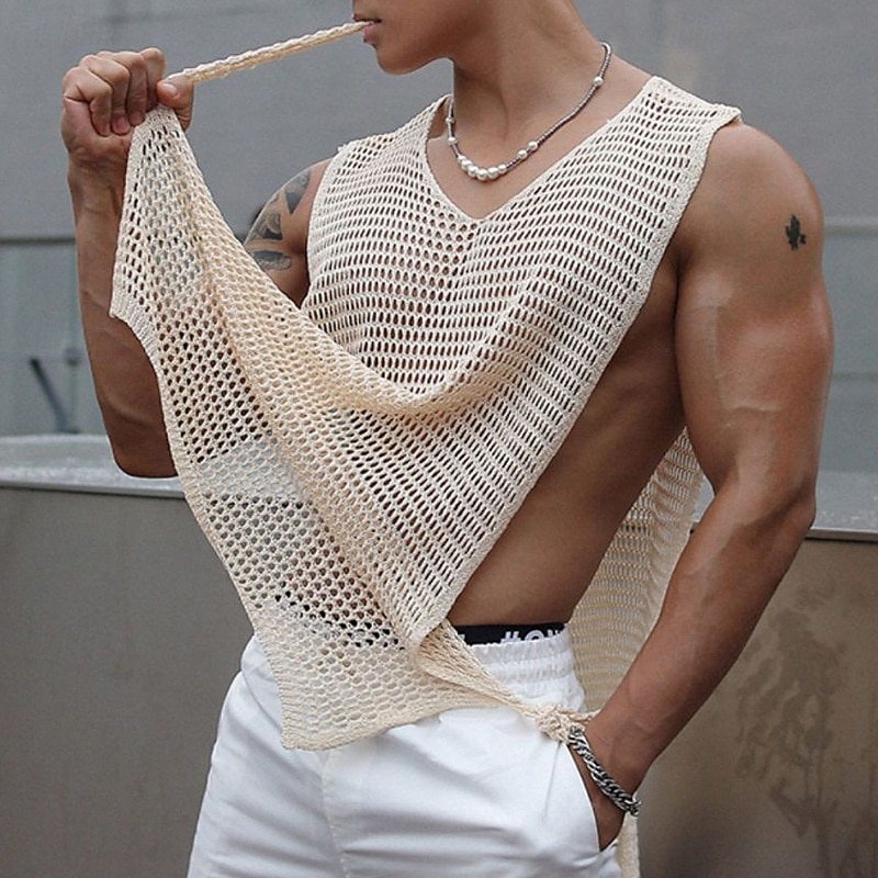 Voor heren Singlet Vest Top Onderhemd Mouwloos shirt Mouwloos V-hals Zomer Effen Modieus Ontwerper Gat Vakantie Straat Uitgaan Wit Top T-shirt voor mannen 2026 - $23.99 –P1