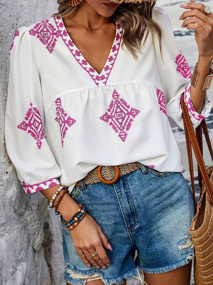 Mulheres Blusa Geométrica Boêmia Casual Manga 3/4 Manga Princesa Decote V Tops regulares Diário Imprimir Rosa Azul Marinha Roxo Verde Verão Primavera de 2025 por $22.99 –P5