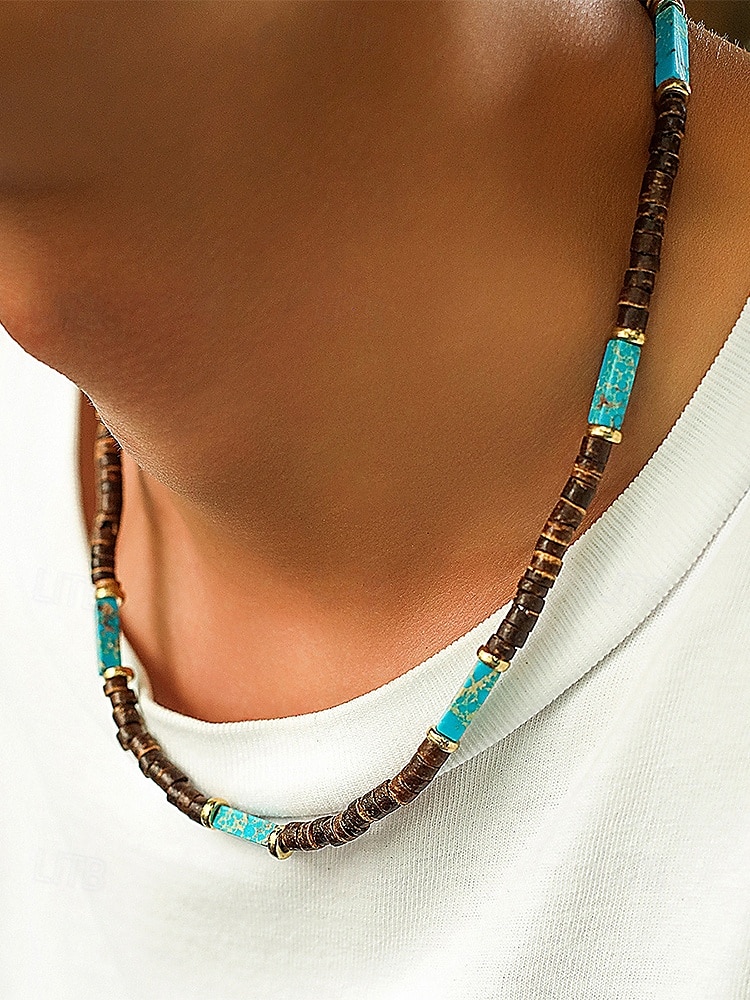 Collier de perles en bois naturel pour homme avec des accents turquoise, style surfeur bohème, bijoux réglables pour la plage, les festivals et les tenues décontractées de 2025 ? $9.99 –P2