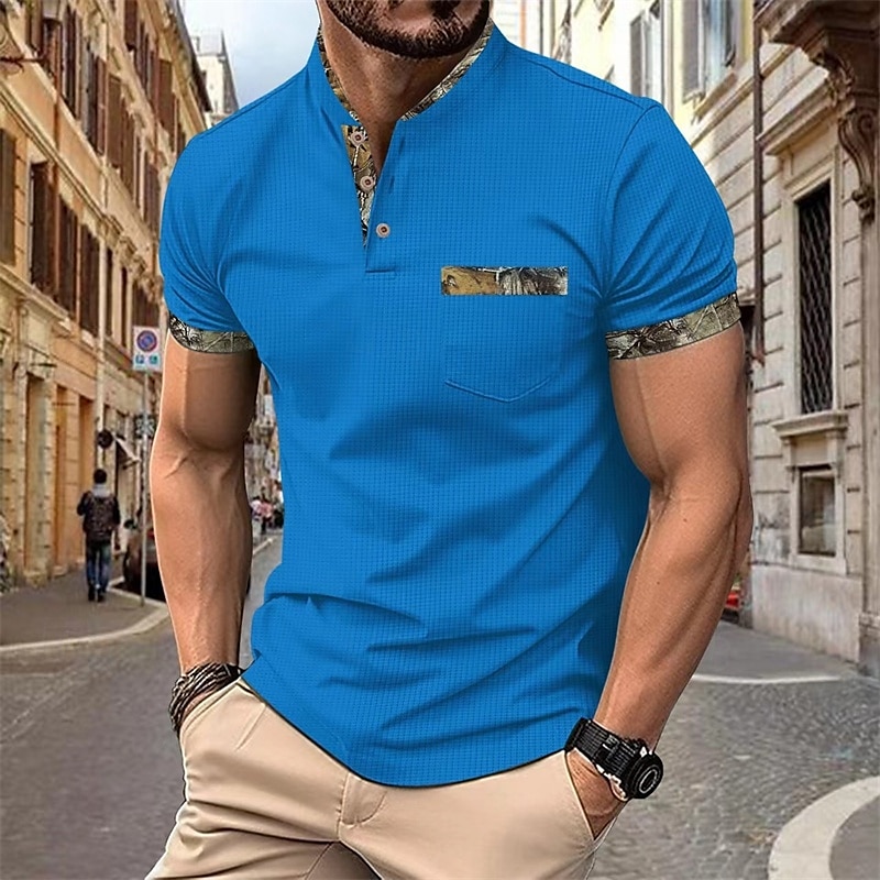Herren Waffel-Poloshirts Golfshirt Arbeit Lässig Revers Kurzarm Basic Modern Farbblock Patchwork Knöpfe Sommer Frühling Normale Passform Schwarz Weiß Königliches Blau Khaki Grau Waffel-Poloshirts 2025 - $21.99 –P12