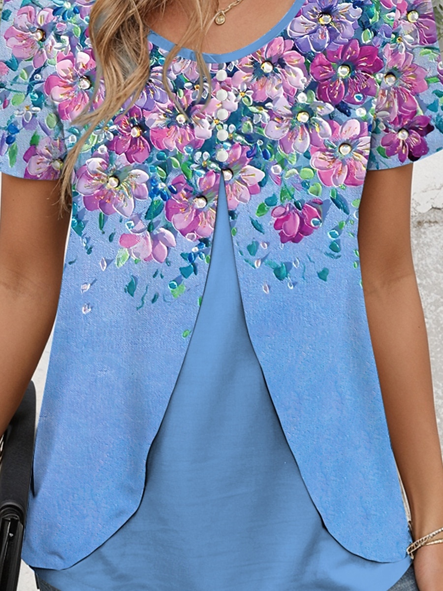 Femmes T-shirt Fleuri Graphique Élégant ancien Manche Courte Col ras du cou Hauts Réguliers Quotidien Sortir Patchwork Boutons À Étages Bleu Violet Vert Été Printemps de 2025 ? $23.99 –P3