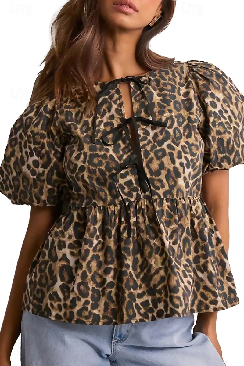 Women's Blouse Leopard Active Modern Short Sleeve Crew Neck Regular Tops Daily Going out Ruched Brown Summer 2025 - $18.49 –P1