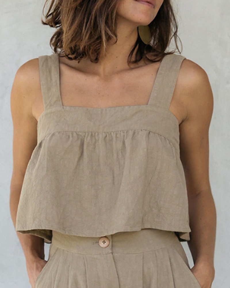 Per donna Camicia di lino Gilet in cotone e lino Blusa Semplice Moderno Casual Senza Maniche Collo quadrato Top corti Quotidiano Ferie Senza schiena Bianco Cachi Estate del 2025 a $36.99 –P15