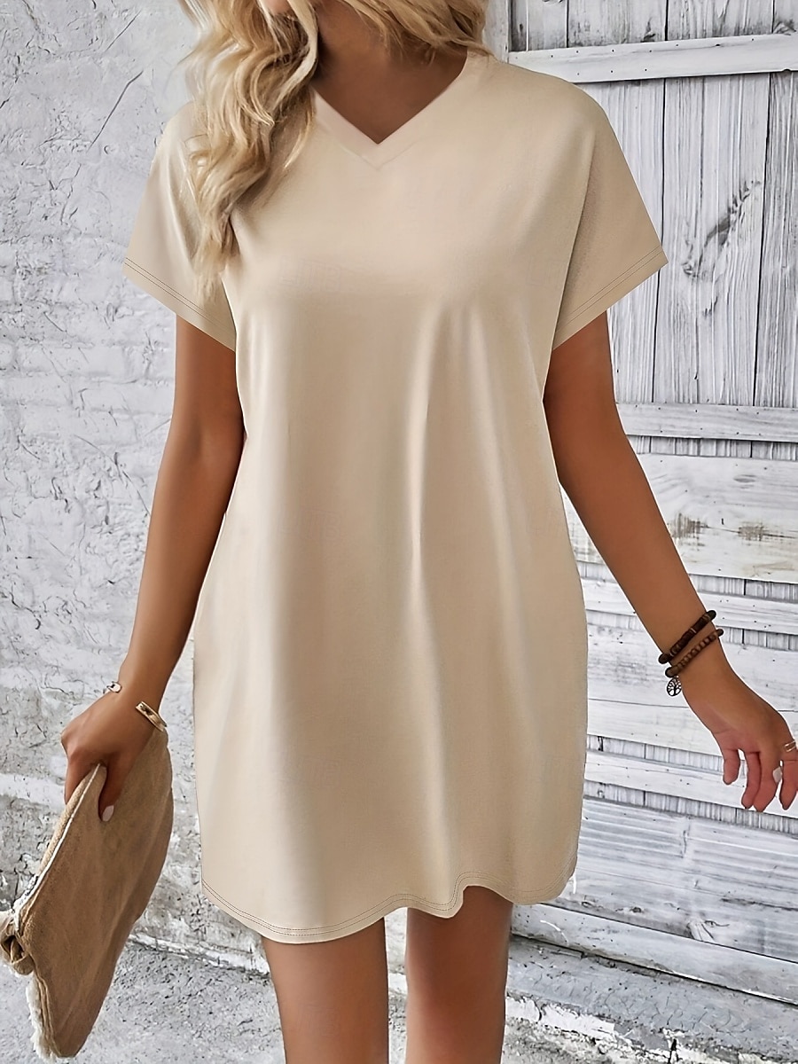 Damen Mini Kleid T-Shirt Kleid Tee Kleid einfarbig Sommer Kleid lässig täglich reguläre Passform Grafik Kurzarm V-Ausschnitt Schwarz Rot Olivgrün Aprikose Sommer 2025 - $19.99 –P3