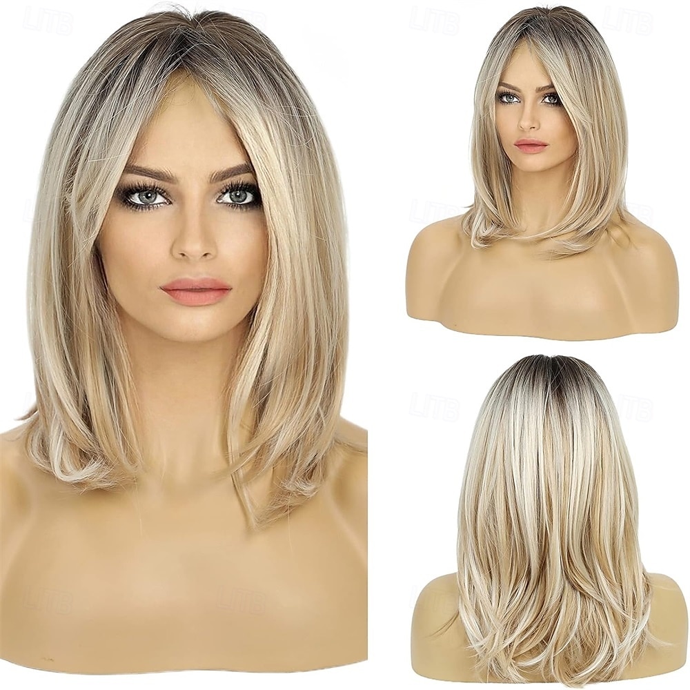 blonde pruiken voor vrouwen schouderlang gelaagd haar met donkere wortels synthetische korte pruik met pony voor dagelijks gebruik of cosplay 2025 - $25.99 –P10