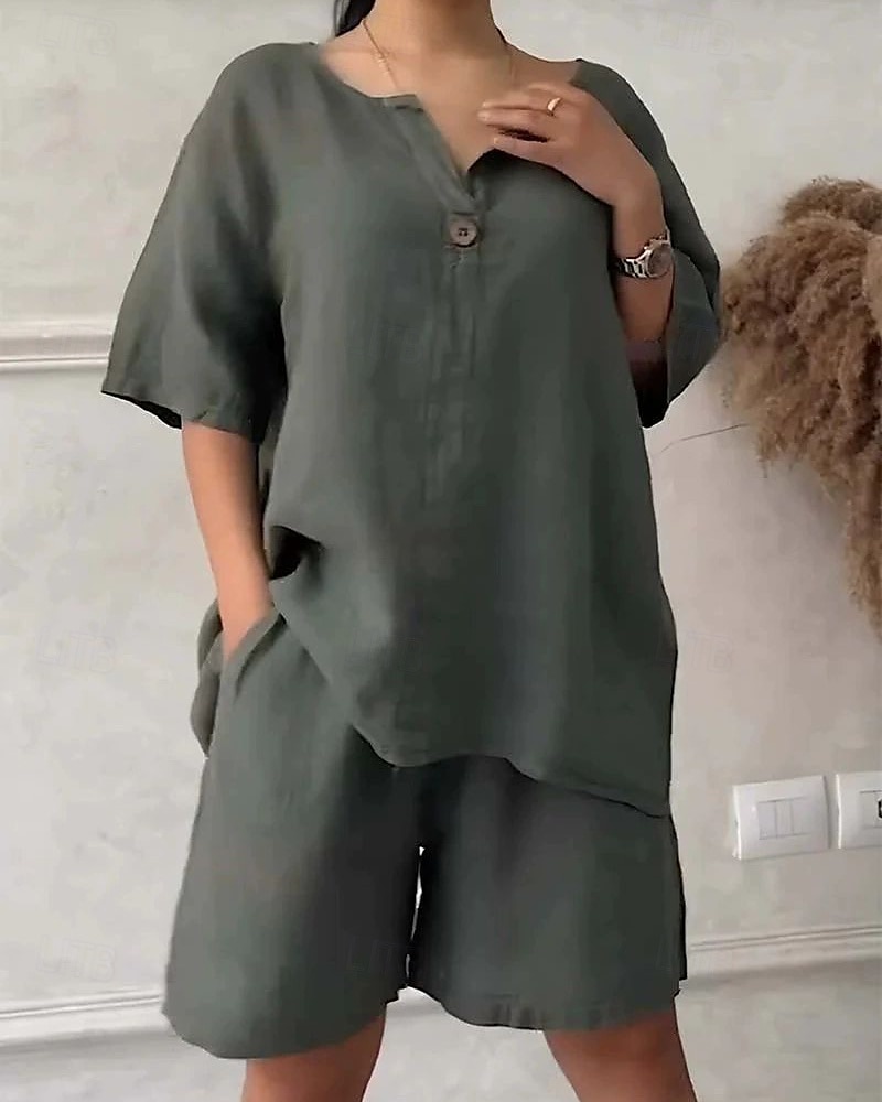 Women's Fashion Streetwear Cotton Linen Sets Two Piece Sets Shorts Sets Short Sleeve V Neck Daily Wear Date Black White Army Green Summer Regular Fit 2025 - $26.99 –P1
