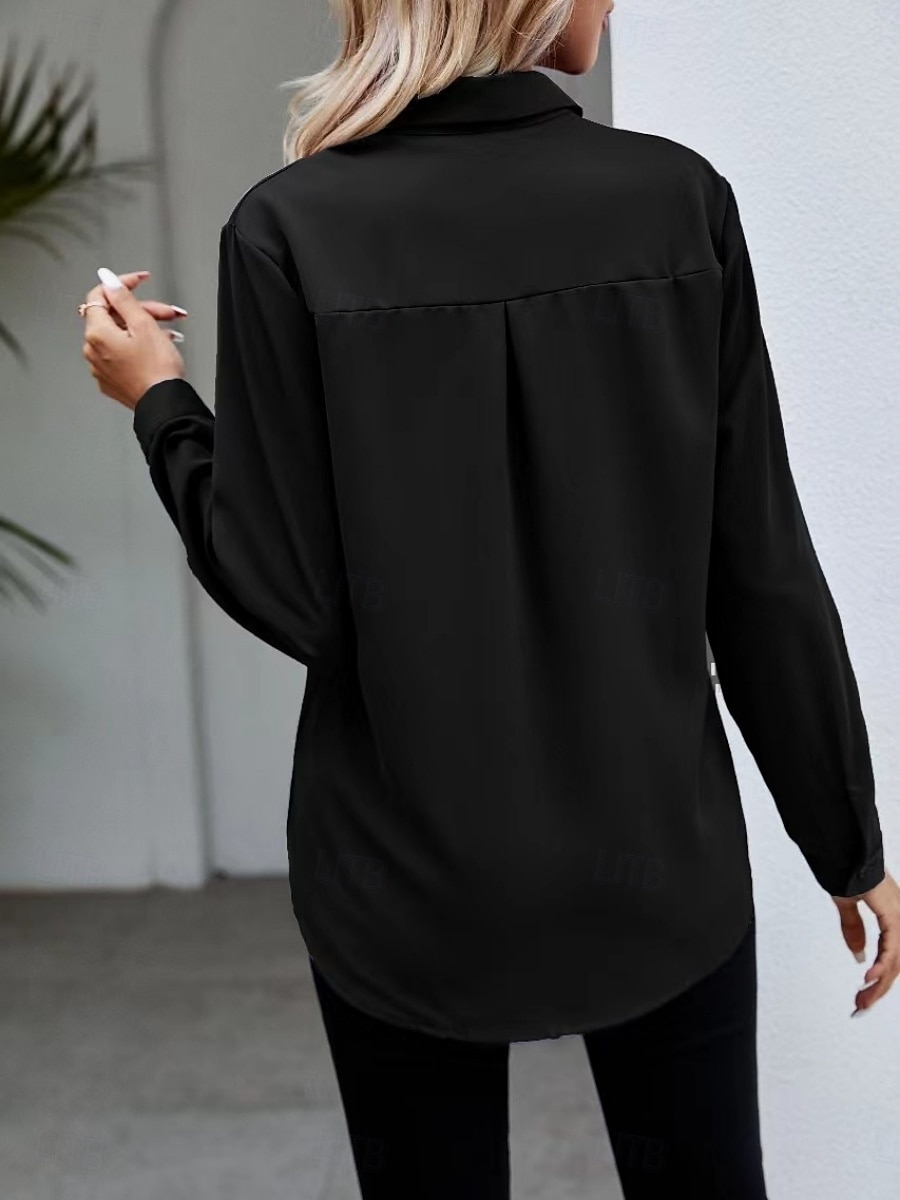Camicia da Donna Blusa Button Down Colore Pieno Elegante Casual Manica Lunga Camicia Button Down Blusa Colletto Regular Tops Giornaliera Bottoni Nero Bianco Vino Blu Cielo Estate Primavera del 2025 a $19.99 –P8