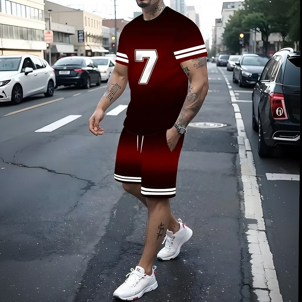 Men's Number 2pcs Tees sets Summer Tops Short Sleeve Short Pants Crew Neck Athleisure Sports & Outdoor Casual Daily 3D Print Summer Black and Red 2026 - $26.99 –P1
