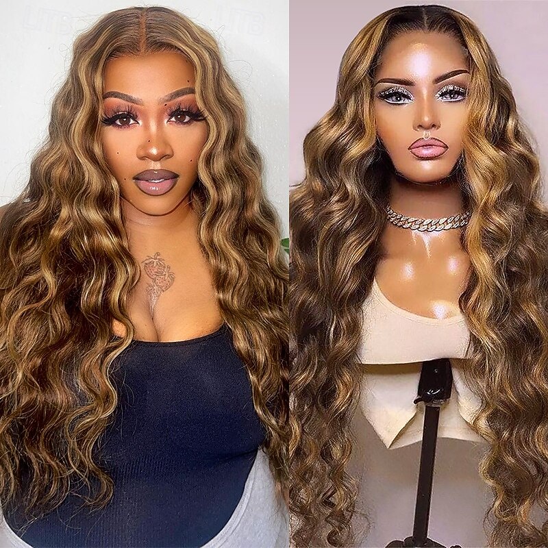 p4/27 ombre marrone 13x4 pizzo frontale parrucche di capelli umani evidenziano onde profonde sciolte 150% densità per donne nere del 2025 a $201.99 –P1
