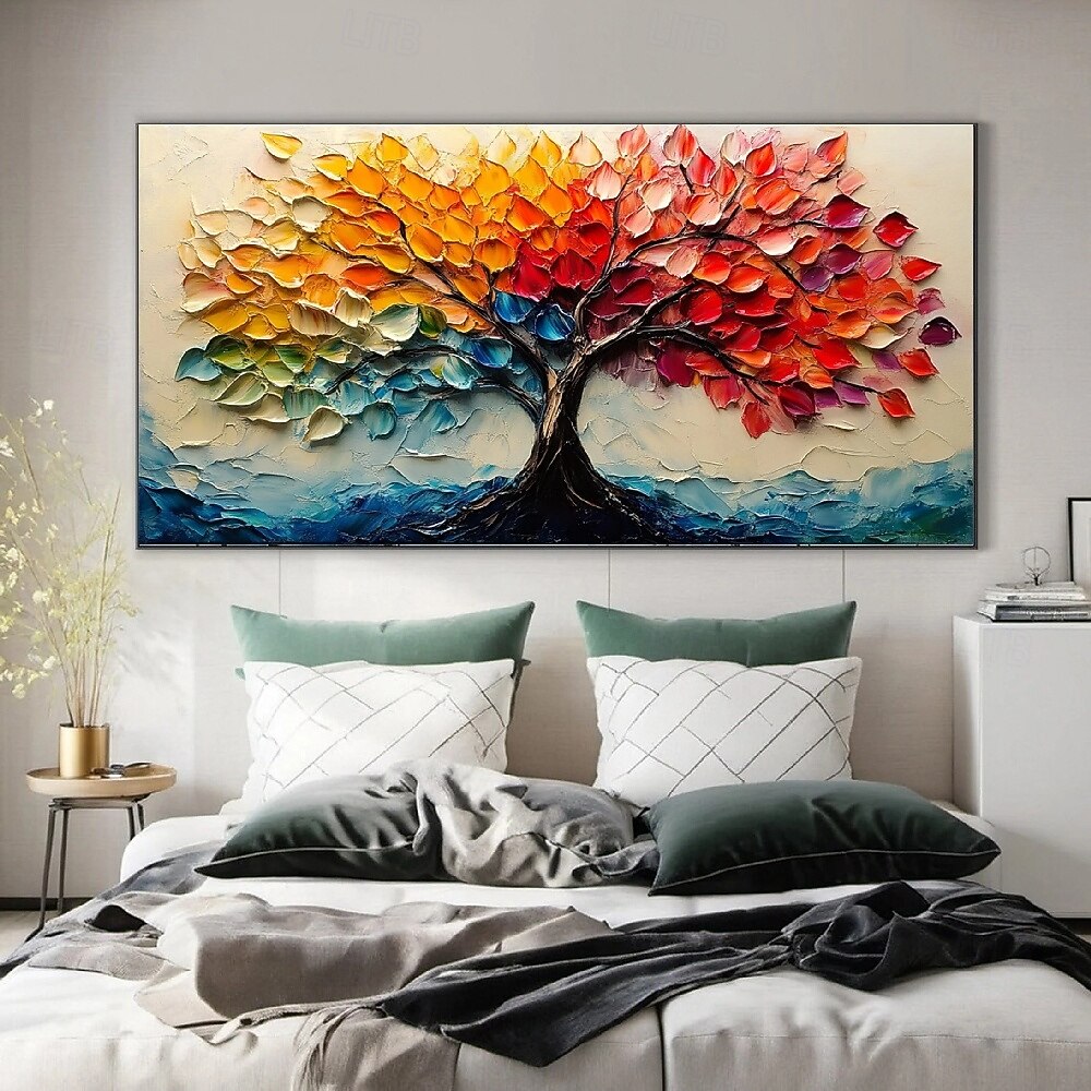 Peintures à l'huile peintes à la main, paysage de montagne, peinture à l'huile sur toile, arbres texturés faits à la main en automne, prairie jaune, peinture acrylique, paysage fluvial, art mural de 2025 ? $82.99 –P5