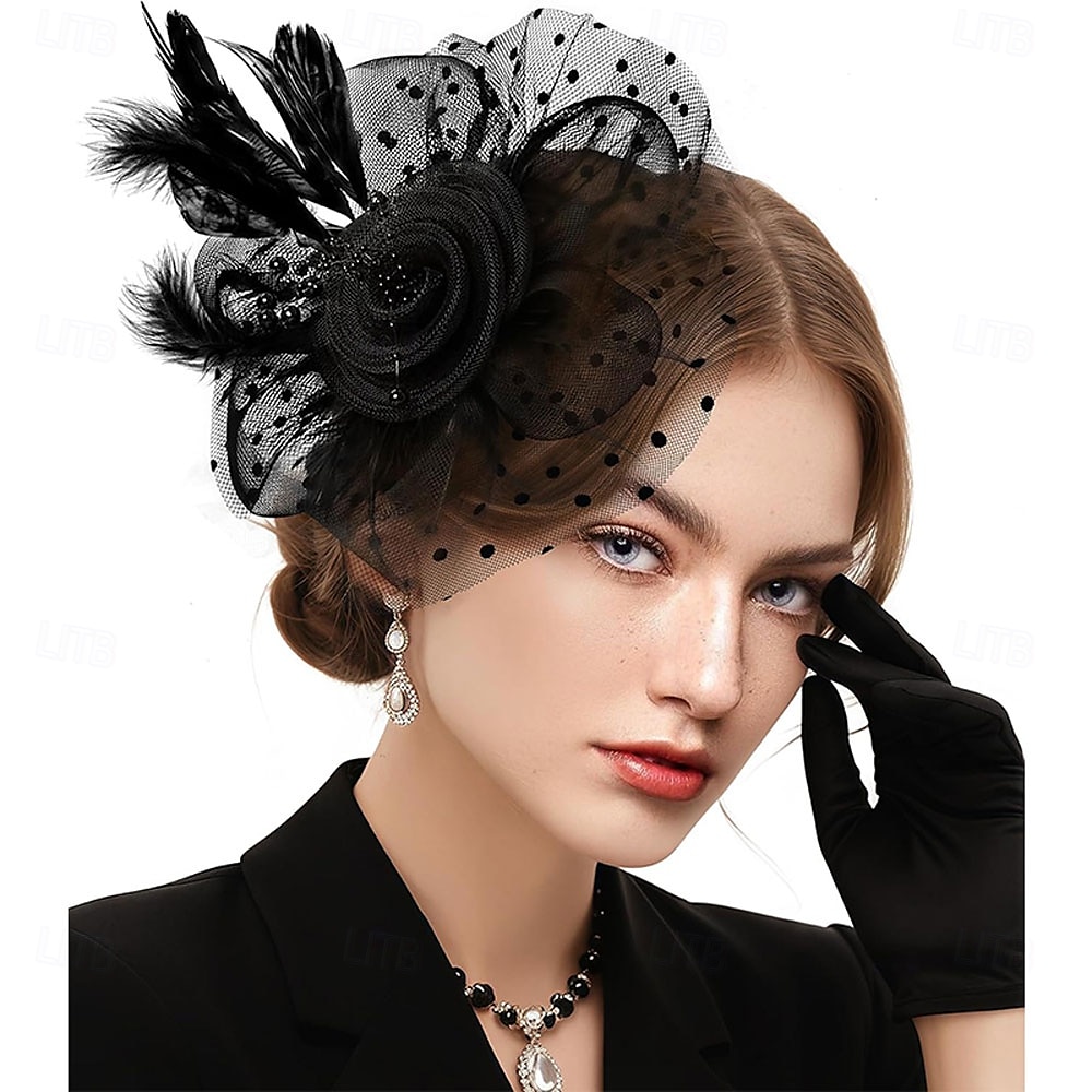 Cappelli fascinator per donna, nastri di maglia a fiori, piume su una fascia e una clip, copricapo da festa da tè per donna del 2025 a $35.99 –P7