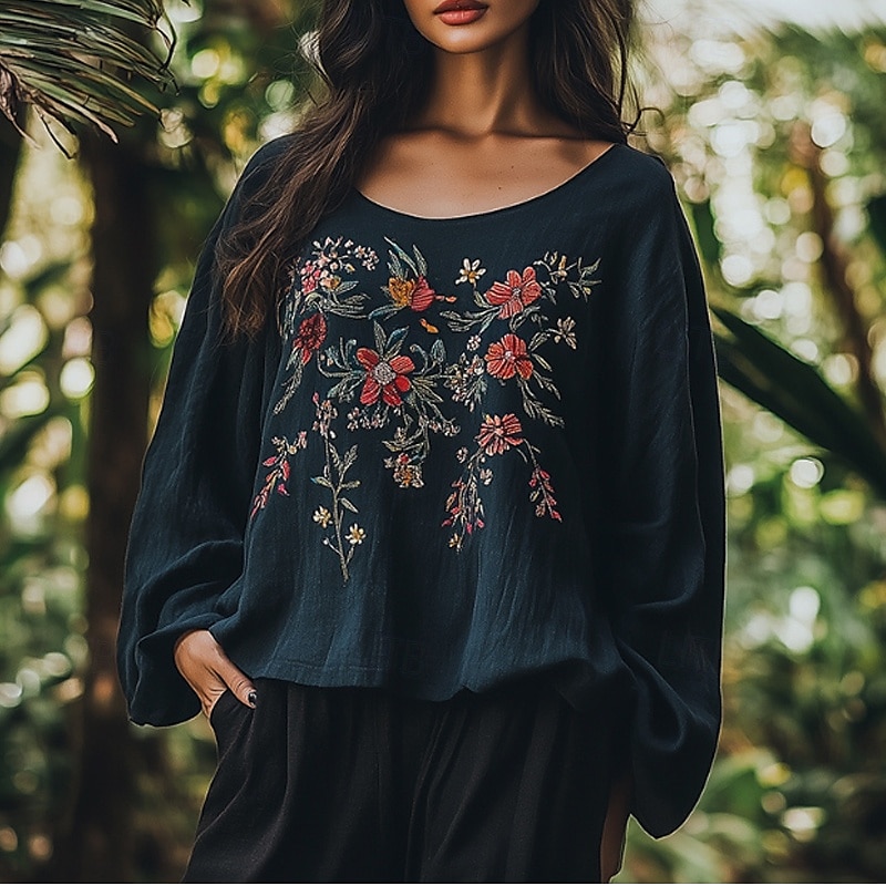 Pentru femei Bluză occidentală Cămașă Boho Bluză Floare Modern Casual Boho Manșon Lung Stil Nautic Topuri obișnuite Concediu Ieșire Imprimeu Verde Deschis Bleumarin Caisă Vară 2025 - $21.99 –P3