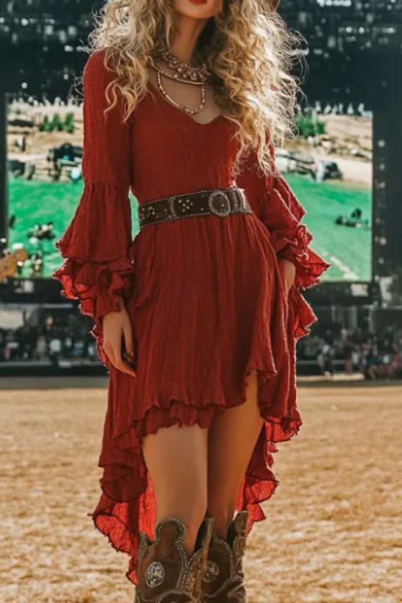 Pentru femei Rochie Mini Rochie Boho Rochie occidentală Modă Clasic Modern În aer liber Concediu Ieșire Fit regulat Simplu Manșon Lung În V Roșu-aprins Vară 2025 - $31.99 –P1