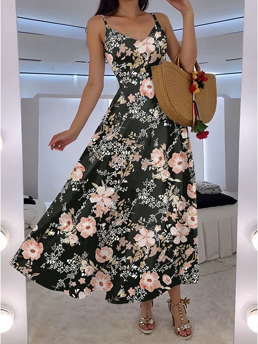 Damen Maxikleid A Linie Kleid Unterkleid Urlaub Lässig Boho Hochzeit Outdoor Ausgehen Normale Passform Blumen Grafik Ärmellos V Ausschnitt Rosa Blau Orange Sommer Frühling 2025 - $34.99 –P1