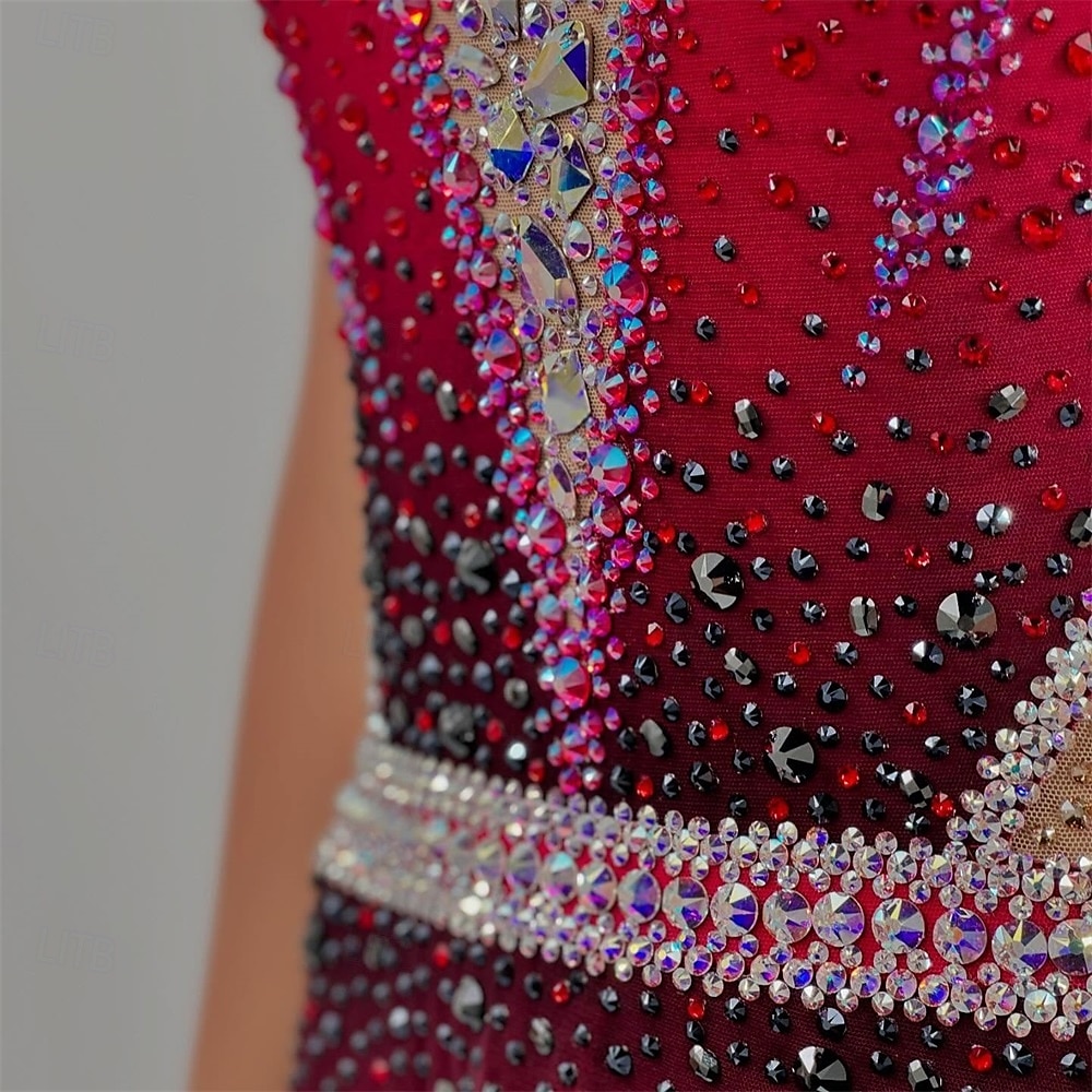 Eiskunstlaufkleid Damen Mädchen Eislaufen Kleid Schwarz Rrot Patchwork Asymmetrischer Saum Netzstoff Hohe Elastizität Training Wettbewerb Eiskunstlaufkleidung Klassisch Kristall / Strass Ärmellos 2025 - $181.99 –P4