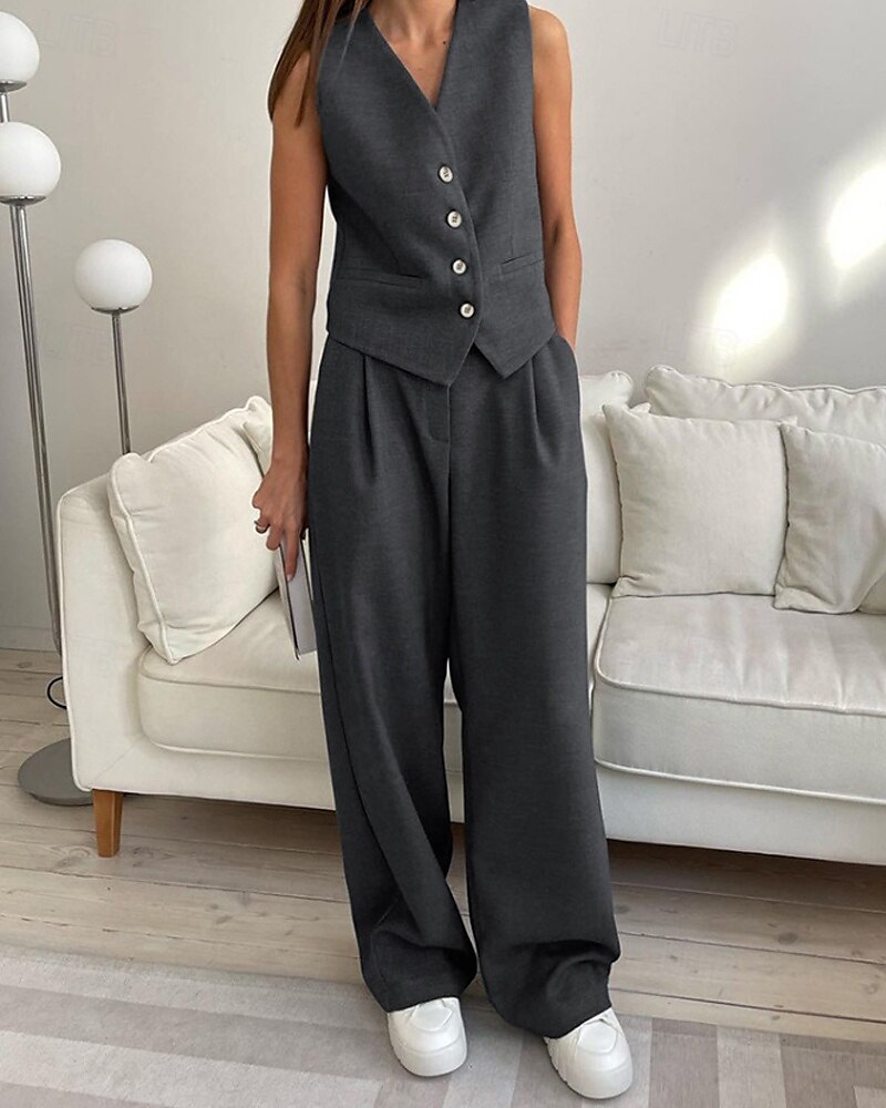 Femmes Actif Mode Chemisier Gilet Ensembles de Pantalons Sans manches Col en V Couleur Unie Dubbele Rij Knopen Extérieur Fête Noir Marron Gris Été Coupe régulière de 2025 ? $39.99 –P16