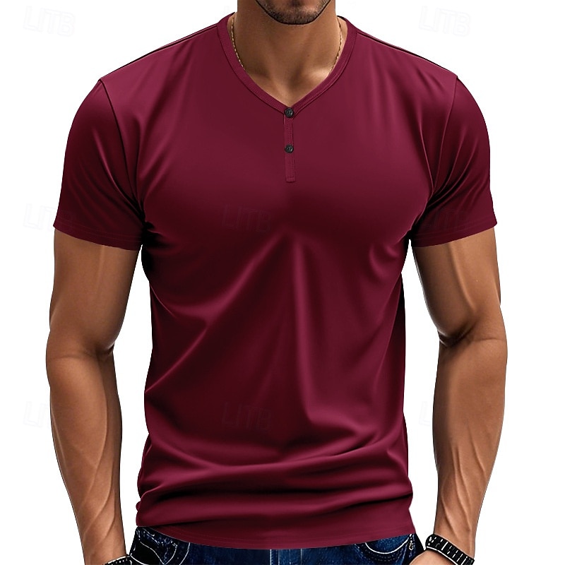 Men's T Shirt Henley Shirt Tee Short Sleeve Shirt Short Sleeve V Neck Summer Plain Fashion Designer Basic Plain Vacation Street Going out claret Black Royal Blue Top Tee for Men 2025 - $19.49 –P5