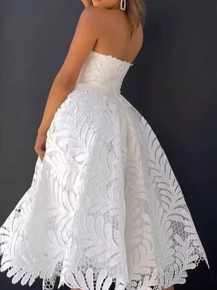 A-Line koktejl šaty Elegantní šaty pro svatební sprchu Bílé svatební šaty pro hosty Midi délka bez rukávů Sweetheart výstřih květinová krajka aplikace 2025 - $149.99 –P3