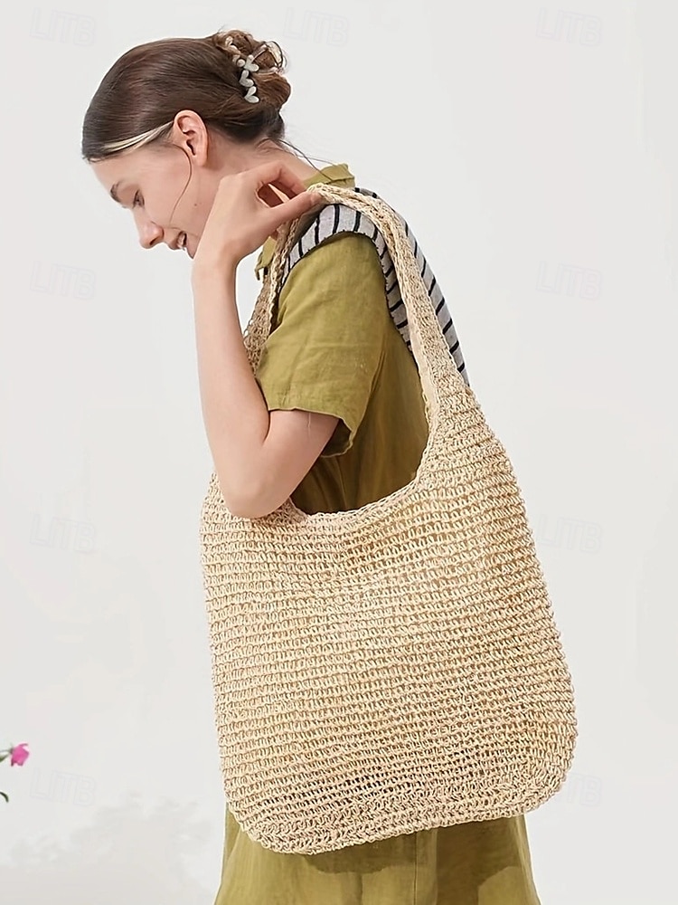 dames handgemaakte geweven stro schoudertas - grote boho strandtas voor zomerreizen, vakantie en casual outfits bruin beige 2025 - $19.99 –P3
