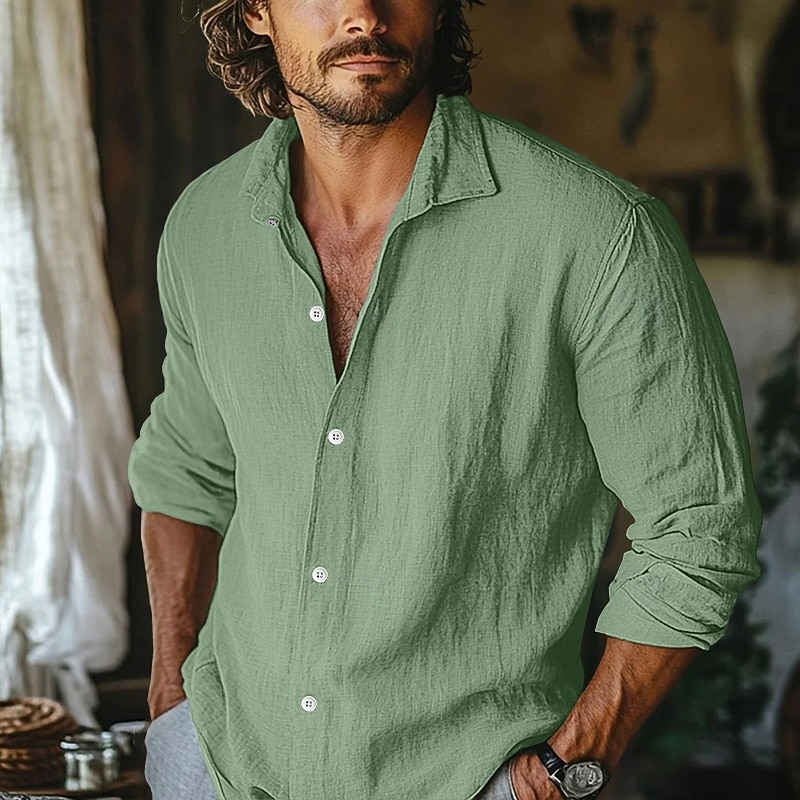 Homens Camisa Social Camisa de linho camisa de verão Roupa de Praia Camisa casual camisa de botão Tecido Casa Férias Azul Céu cáqui Cinzento Manga Longa Lapela Primavera Verão Roupa de 2026 por $26.99 –P6