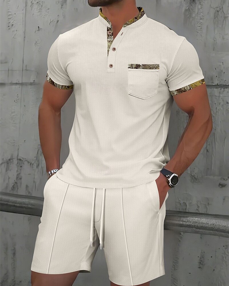 Men's Waffle Shirt T-shirt Suits 2 Pieces Outfits Tee & Shorts Short Sleeve Standing Collar Summer Color Block Fashion Casual 2 Piece Front Pocket Vacation Daily Wear Going out Black White Royal Blue 2025 - $34.99 –P15