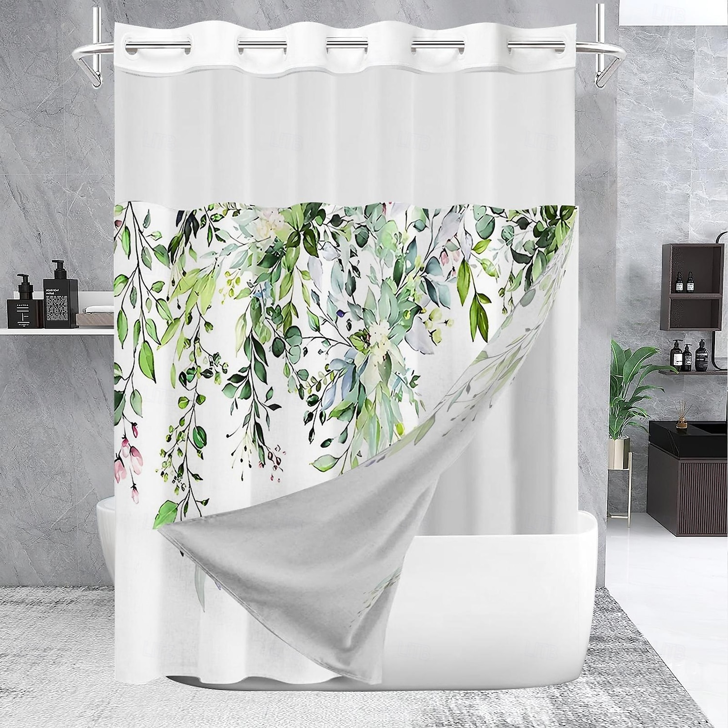 Занавеска для душа без крючка 180 см*180 см (70"*70") с защелкивающейся полиэстеровой подкладкой Прозрачная верхняя оконная водонепроницаемая двойная занавеска для ванны листья растительный рисунок 2025 - $37.99 –P4