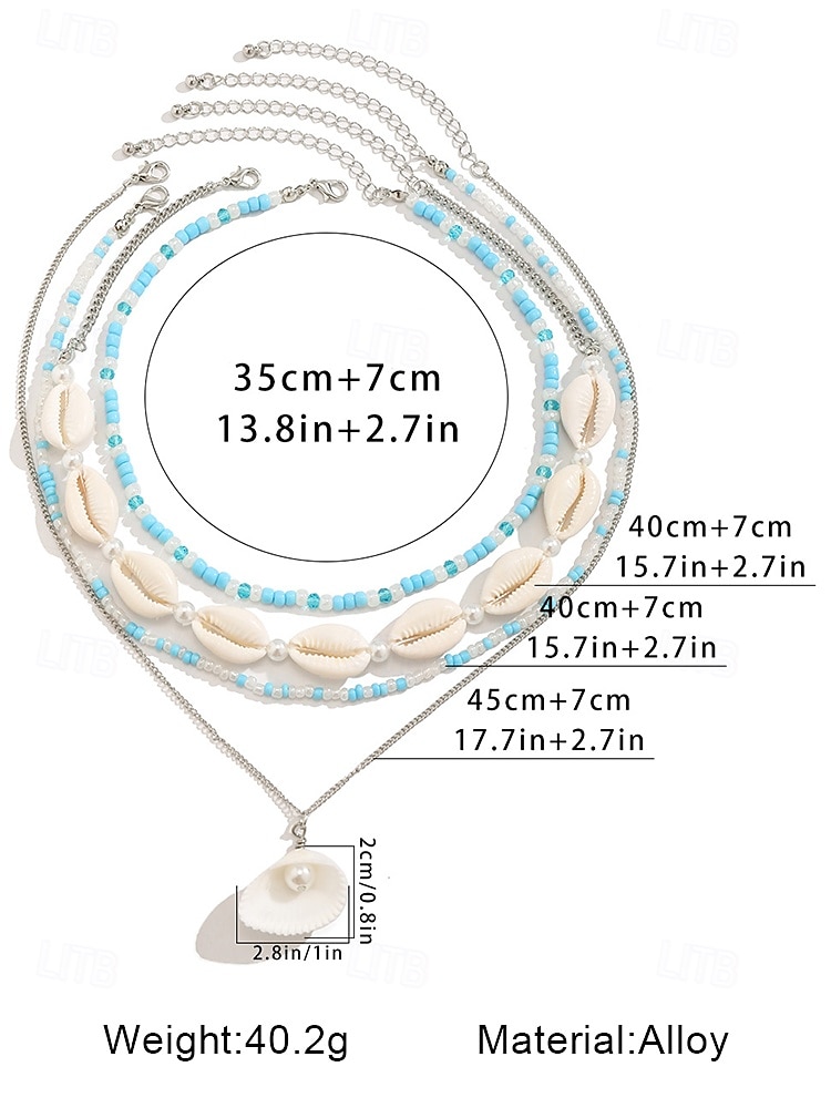 Boho gelaagde schelp- en kralenkettingset voor dames – turquoise hanger in strandstijl en gouden bedels voor zomervakanties en festivals 2025 - $12.36 –P14