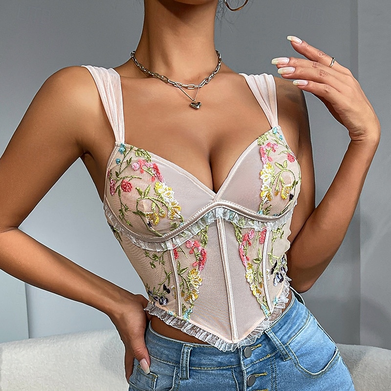 Slim Fit Corset Crop Top Bustier Embroidered Floral Fancy Dress Women's Halloween Carnival Event / Party Adults' Top Corset 2026 - $24.99 –P1