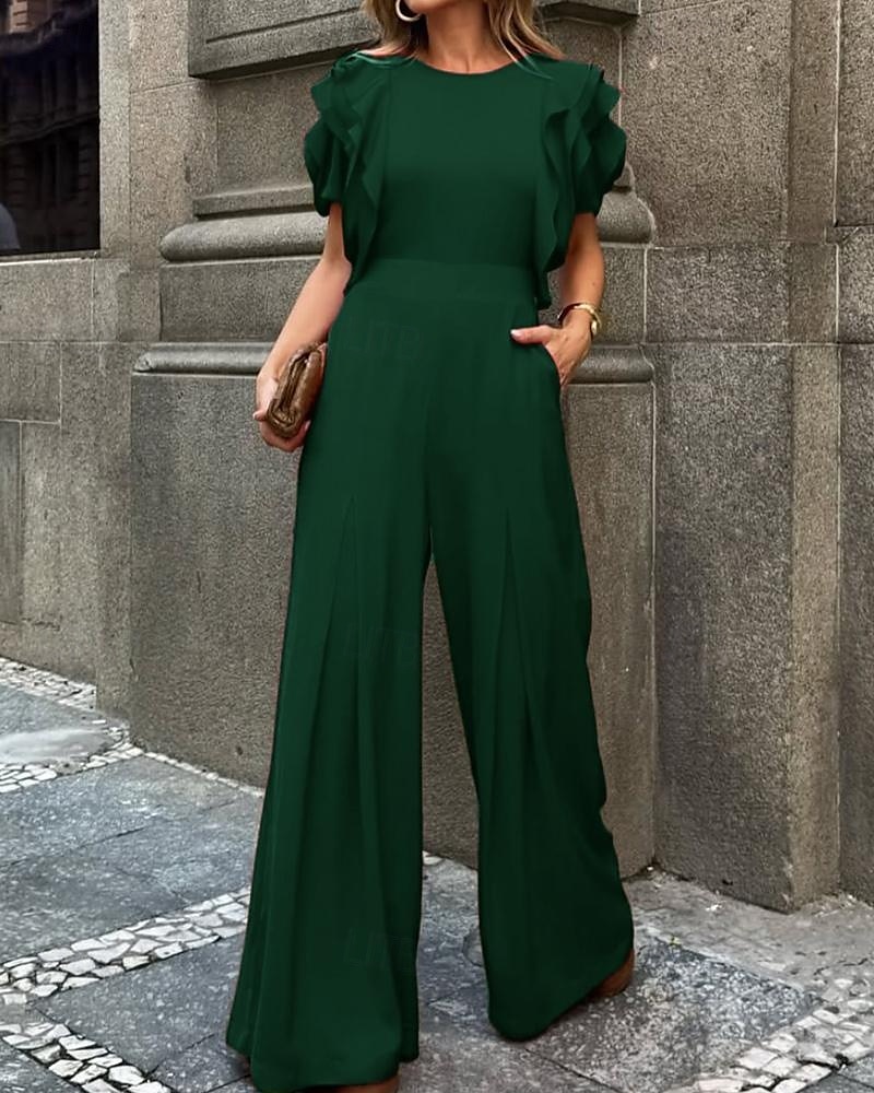 Macacões Vestido de Festa Vintage Semi Formal Convidada de Casamento Comprimento do Chão Sem Mangas Decote Redondo Crepe Esticável com Volantes de 2025 por $154.99 –P7