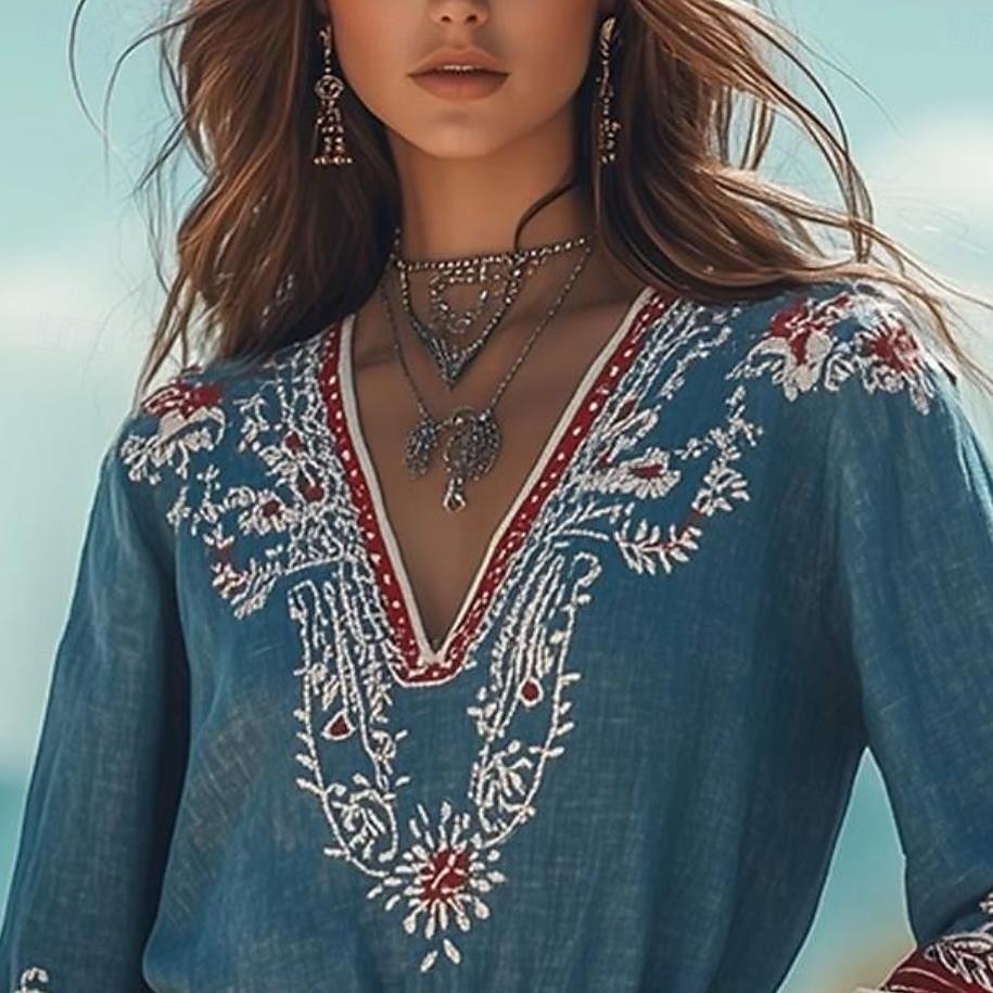 Pentru femei Bluză Floral Grafic Imprimeu Paisley Boemia Epocă Tropical Lungime Manșon 3/4 În V Topuri obișnuite Albastru piscină Vară Primăvară 2025 - $24.99 –P2