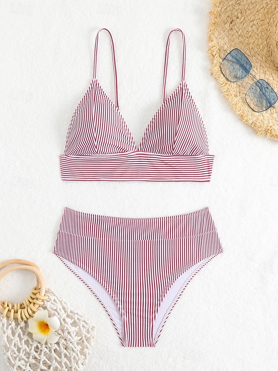Kvinnors baddräkter bikini 2-delad tärnande baddräkt rygglös semester strandkläder randig V-hals ärmlös baddräkter 2025 - $17.99 –P16