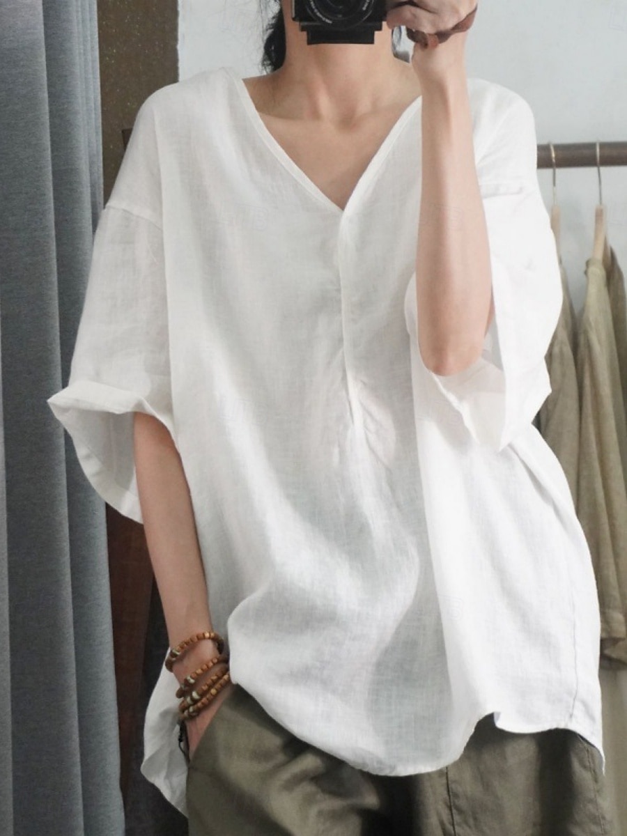 Women's Shirt Solid Color Basic Casual 3/4 Length Sleeve V Neck Regular Tops Daily Black White Pink Green Beige Summer 2025 - $16.99 –P3