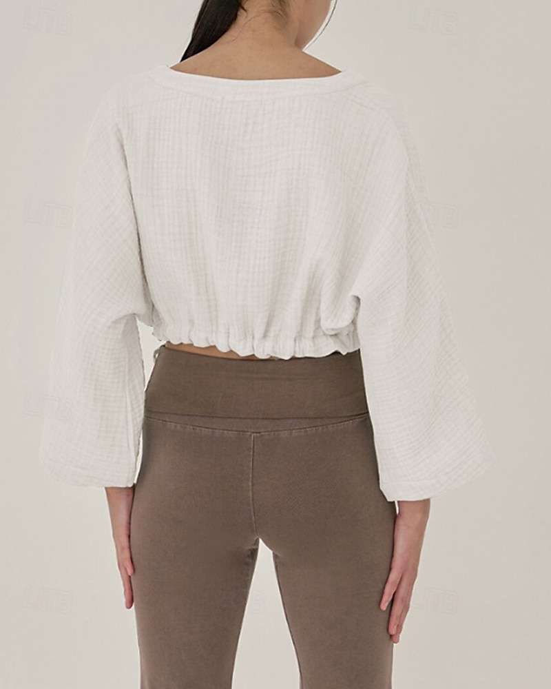 Dame Linskjorte Bluse عادي Fritid Langermet V-hals Crop Tops Daglig Ut på byen knyte foran Hvit Gul Brun Sommer 2025 - $36.99 –P17