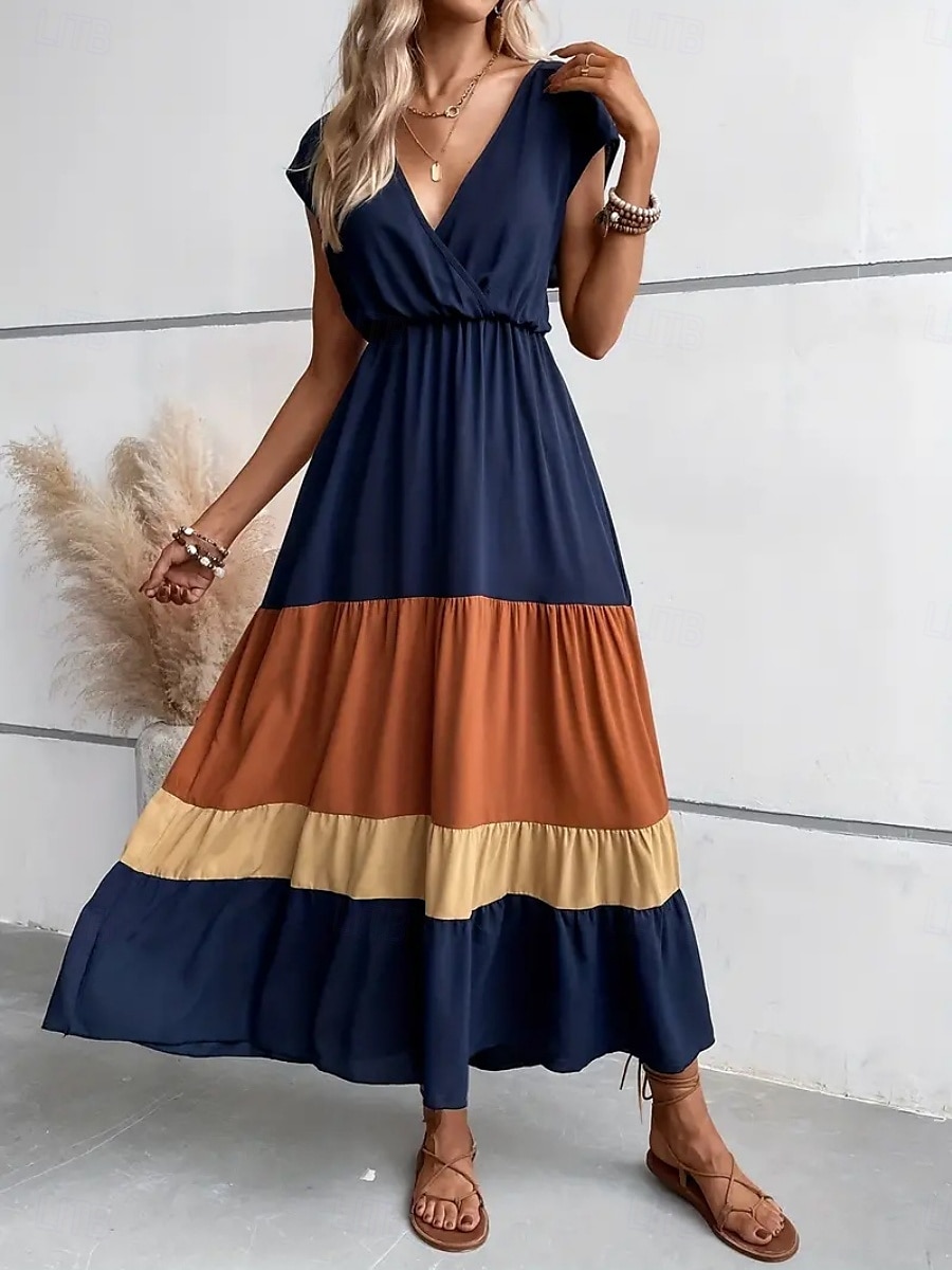 Per donna Abito maxi Abito a trapezio Casual All'aperto Uscire Spiaggia Vestibilità comoda Grafico Manica Corta Scollo a V Blu Fucsia Marrone Estate del 2025 a $39.99 –P3