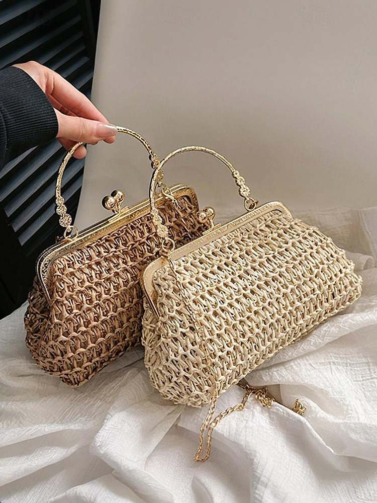 női vintage szőtt szalma kézitáska – elegáns csók zár keretes pénztárca arany lánccal, retro stílusú kuplung tengerparti nyaraláshoz, bulikhoz és nyári kirándulásokhoz 2025 - $18.99 –P6
