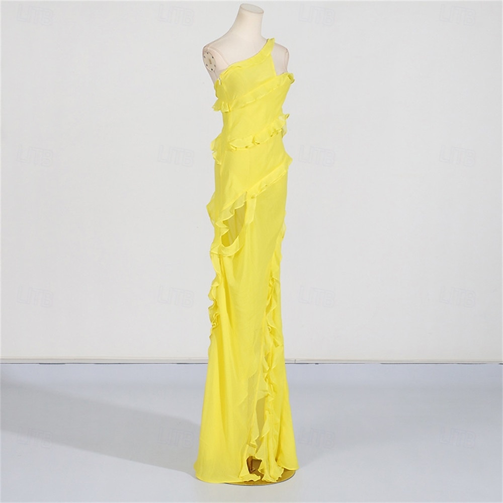 Mermaid / Trumpet Yellow Dresses Ruffle Dress Semi Formal Wedding Guest Dress Asymmetrical Sleeveless One Shoulder with Slit 2025 - $99.99 –P6