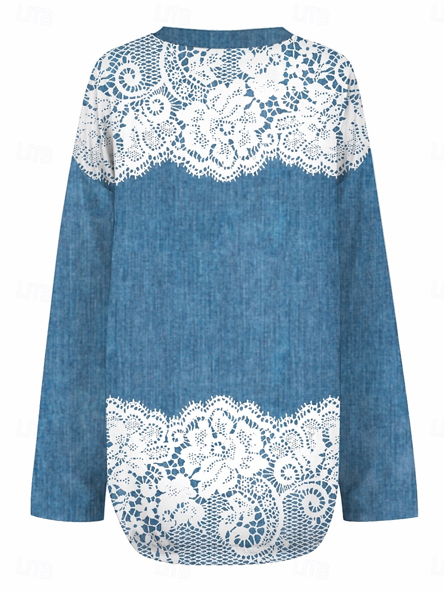 Blusa da donna tunica V collo manica lunga boho casual top stampa 3D grafica floreale vintage stilosa top regolari quotidiani da vacanza stampa blu denim blu viola del 2025 a $26.99 –P2