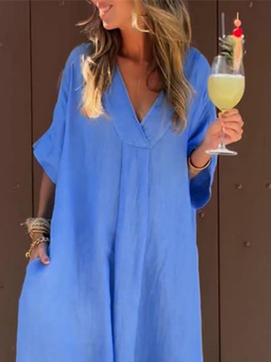 Pentru femei Rochie Lunga Rochie Maxi Rochie casual Rochie din in bumbac Rochie de vară De Bază Modern Zilnic Sfârșit de săptămână Fit regulat Simplu Lungime Manșon 3/4 În V Bleumarin Vară 2025 - $22.99 –P2