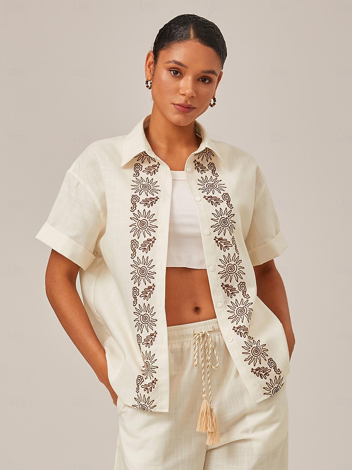 camicia in lino stampato con polsini arrotolati del 2025 a $13.99 –P3