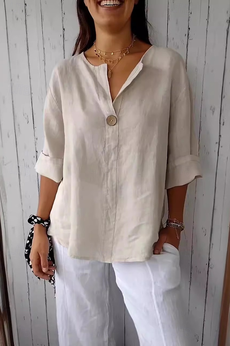 Women's Shirt Cotton Linen Shirt Blouse Plain Modern Casual 3/4 Length Sleeve V Neck Regular Tops Daily Going out Buttons Black White Red Navy Blue Green Summer 2025 - $23.99 –P1
