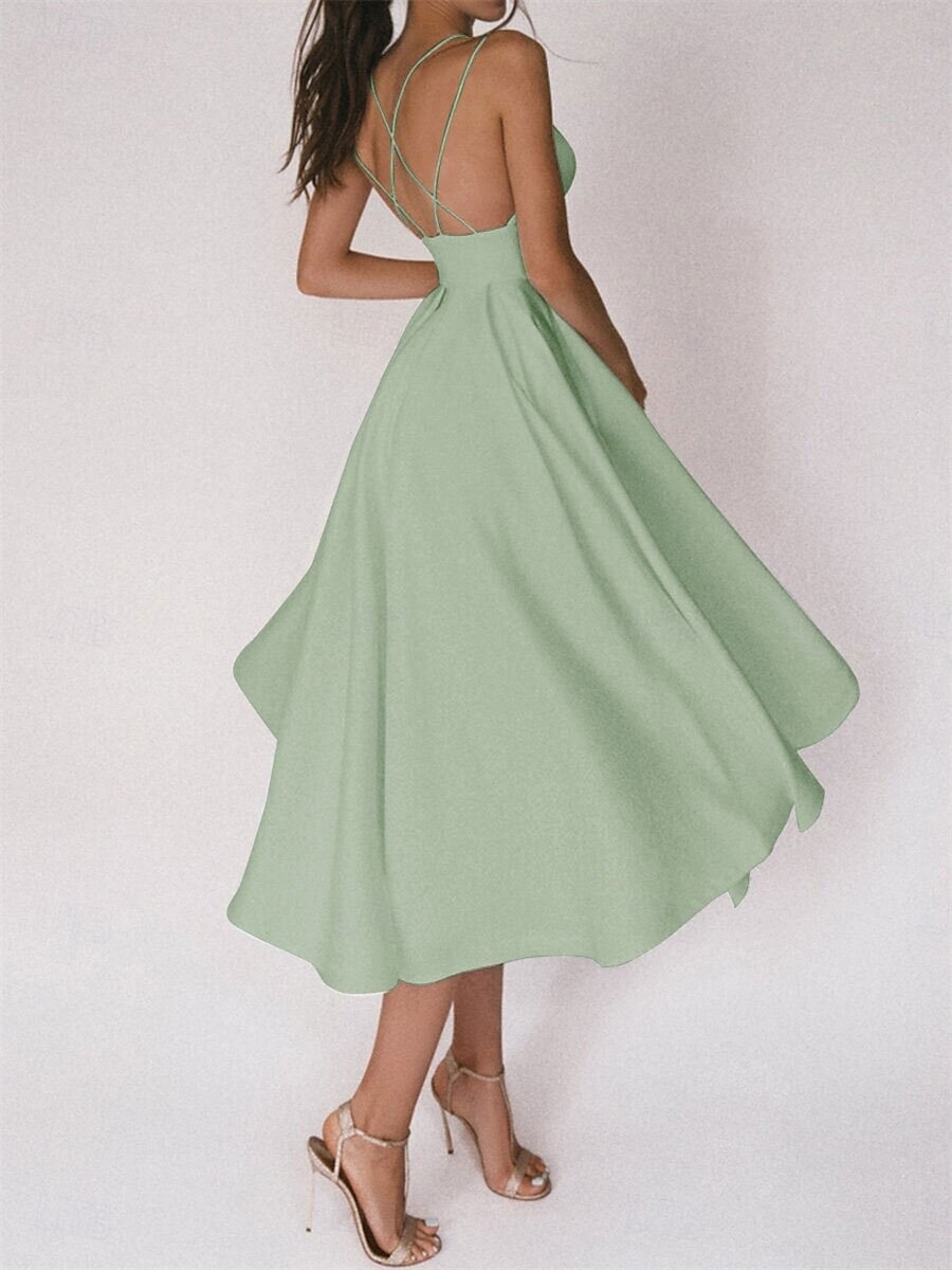 Hochzeitskleider A-Linie V Ausschnitt Ärmellos Tee-Länge Satin Brautkleider Mit Einfarbig 2025 2025 - $79.99 –P19