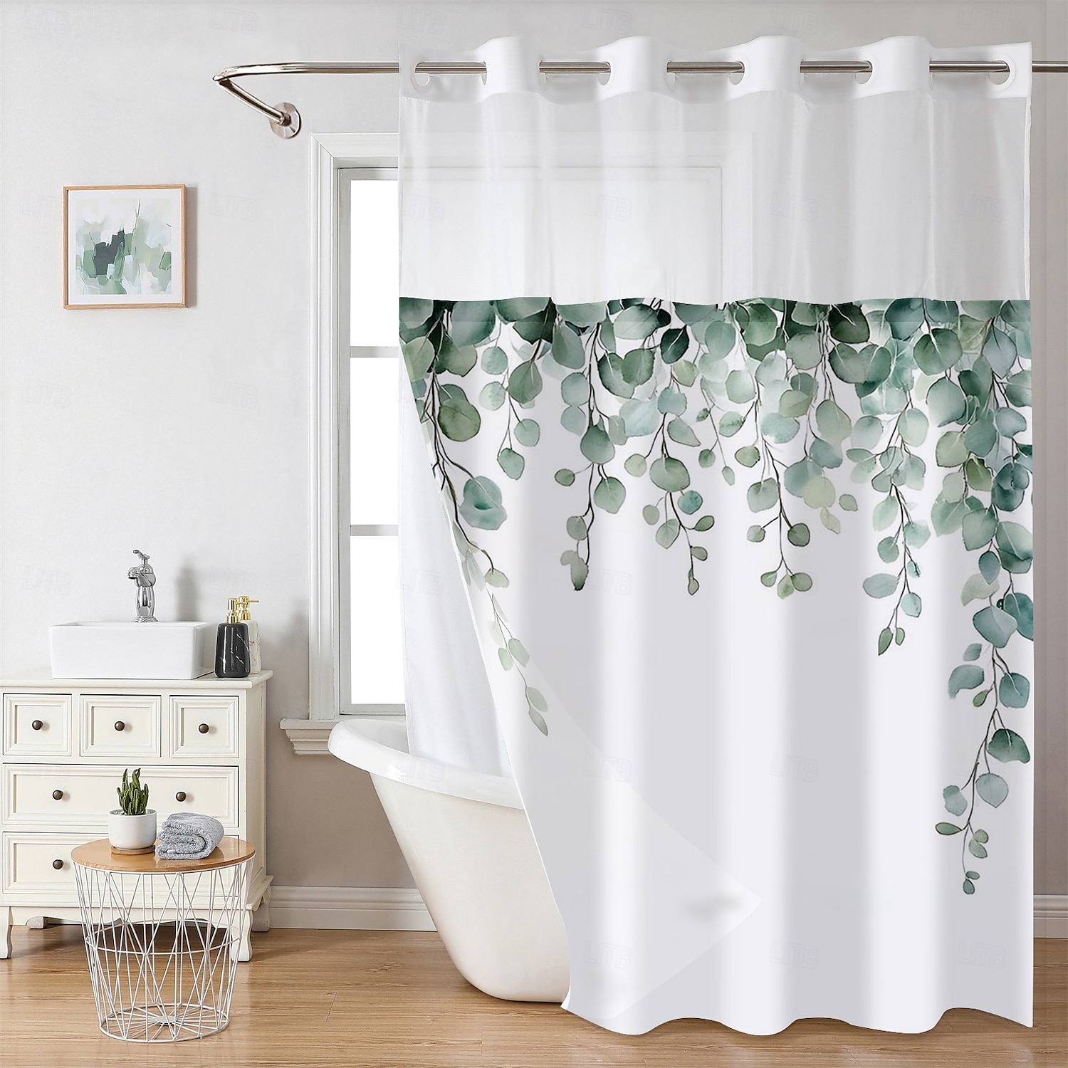 No Hook Shower Curtain 180cm*180cm(70"*70")with Snap-in Polyester Fabric Liner Sheer Top Window Waterproof Double Layer Bathtub Curtain Leaves Pattern 2025 - $41.99 –P3