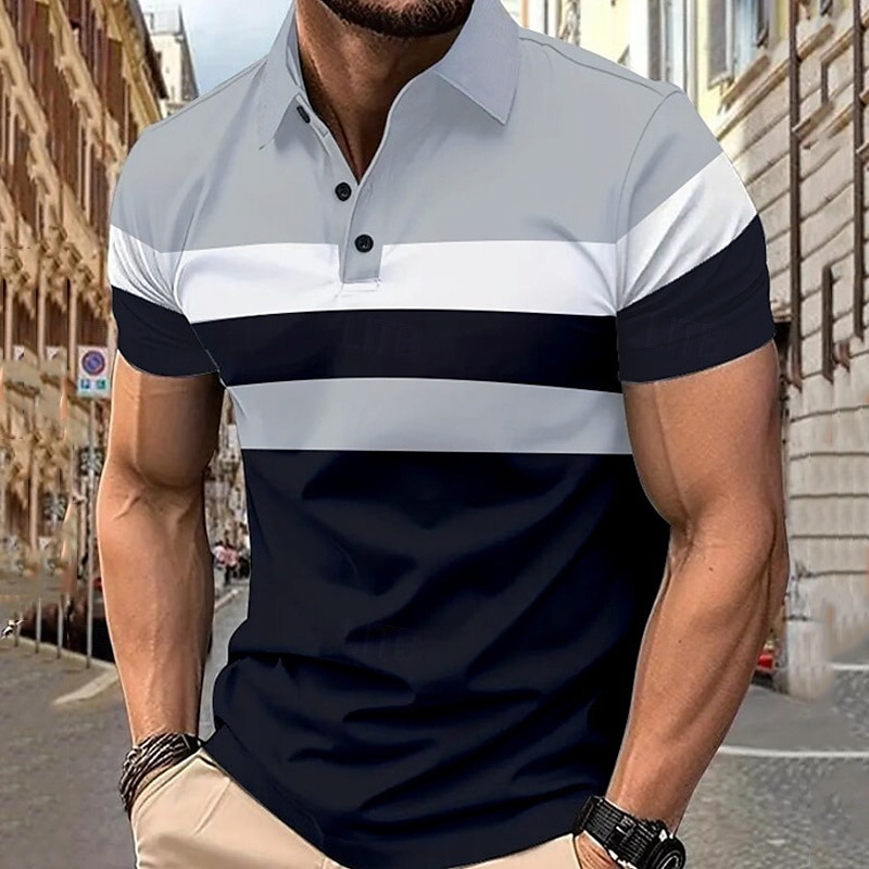 Multipack 3 par Herr Kavajslag Kort ärm Grå + röd + blå Knapp upp Polos Golftröja Golf pikétröjor Lappverk Färgblock Semester Dagliga kläder Polyester Sommar 2025 - $35.99 –P7