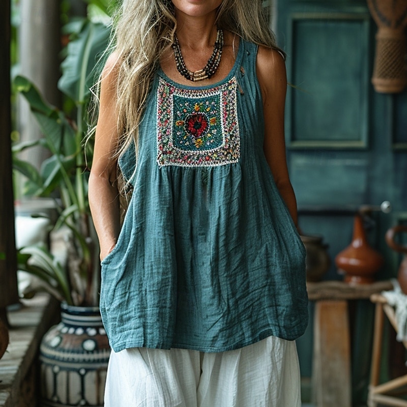 Pentru femei Bluză occidentală Cămașă Boho Bluză Floare De Bază Casual Fără manșon Stil Nautic Topuri obișnuite Zilnic Concediu Imprimeu Albastru piscină Vară 2025 - $31.99 –P1