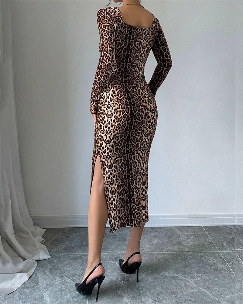 Mujer Vestido Midi Vestido informal Vestido Estampado Moda Clásico Moderno Exterior Vacaciones Festivos Ajuste regular Leopardo Manga Larga Escote en Pico Marrón Verano Primavera 2025 - $27.99 –P2
